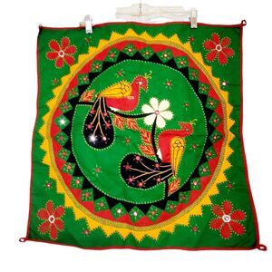 Benjara Embroidery Applique Work Peacock Design Mirrored Wall Hanging 24" x 24"
